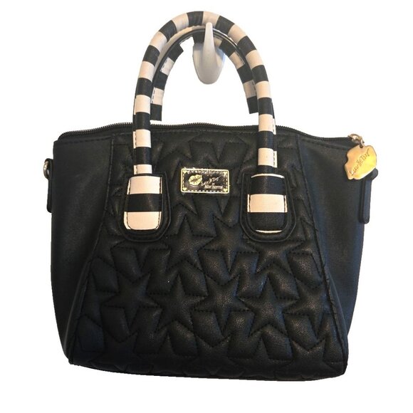 Betsey Johnson Handbag Purse Navy Blue Striped Double Handles and Quilted Stars - Picture 1 of 10